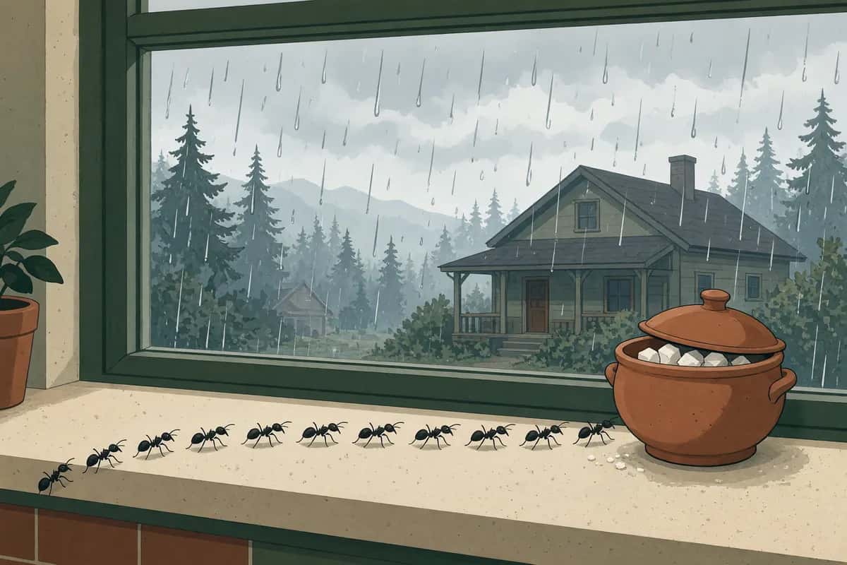 A line of black ants marches along a kitchen windowsill toward a terracotta sugar pot, rain falling on a farmhouse and fir trees outside.