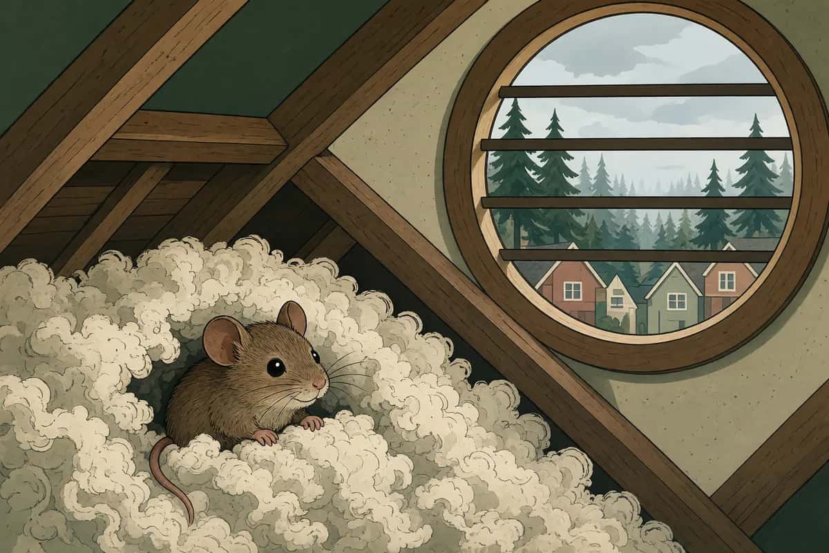 A small brown mouse peeks out of fluffy attic insulation between rafters, beside a round attic vent window.