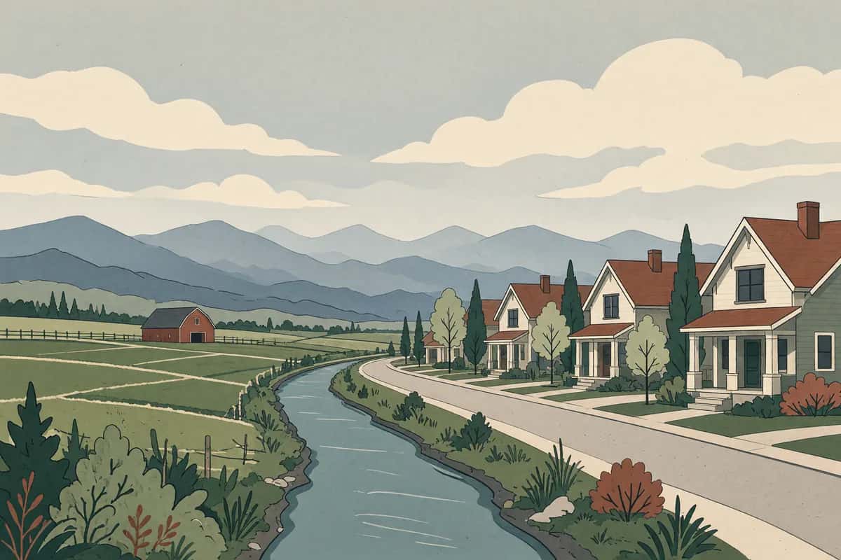 A new suburban street beside an irrigation canal and farm fields with a red barn, distant blue mountains.