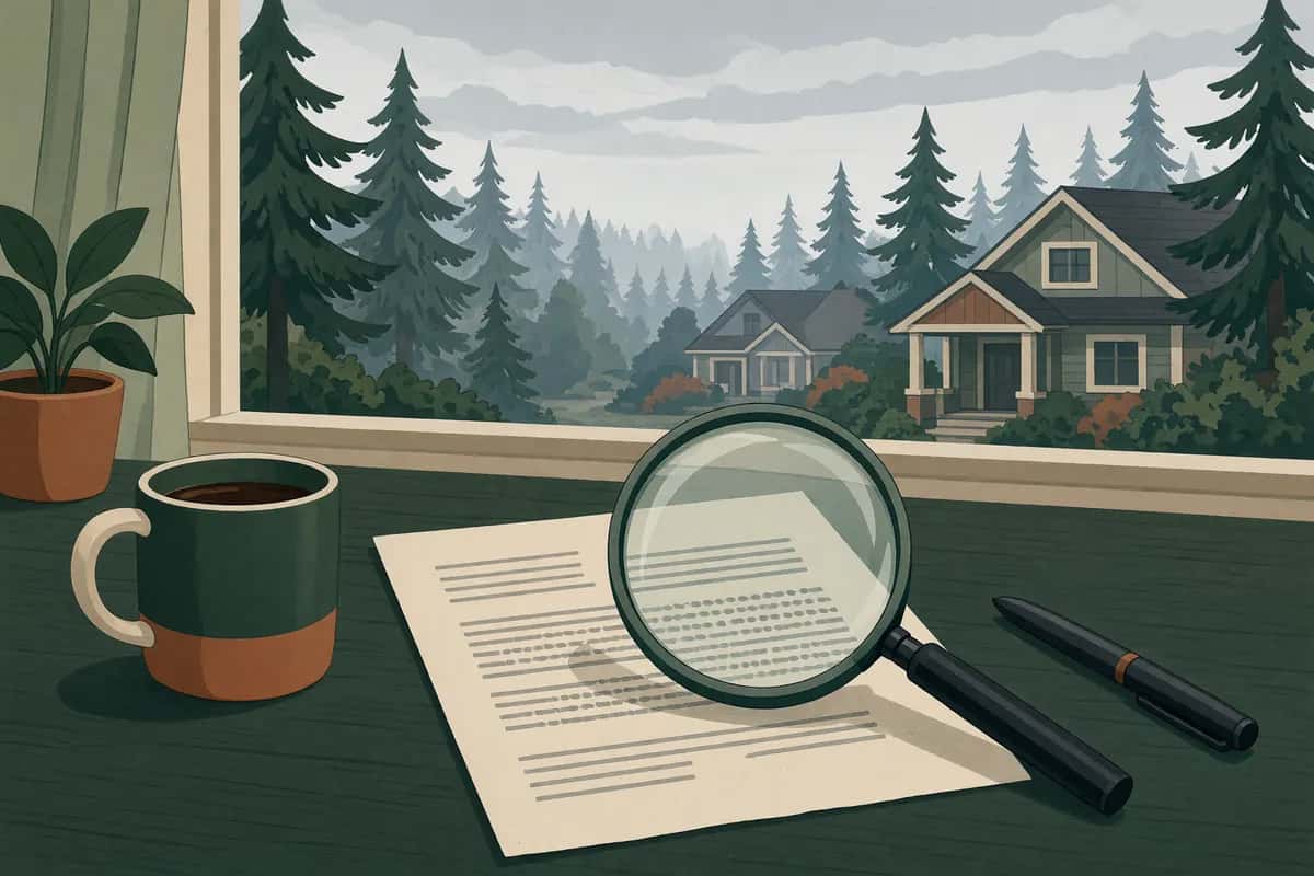 A magnifying glass rests on a printed contract beside a coffee mug and pen, with craftsman homes and evergreens through the window.