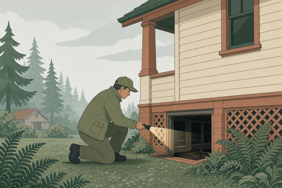 A technician in plain olive workwear kneels at the open crawlspace hatch of a craftsman house, shining a flashlight underneath.