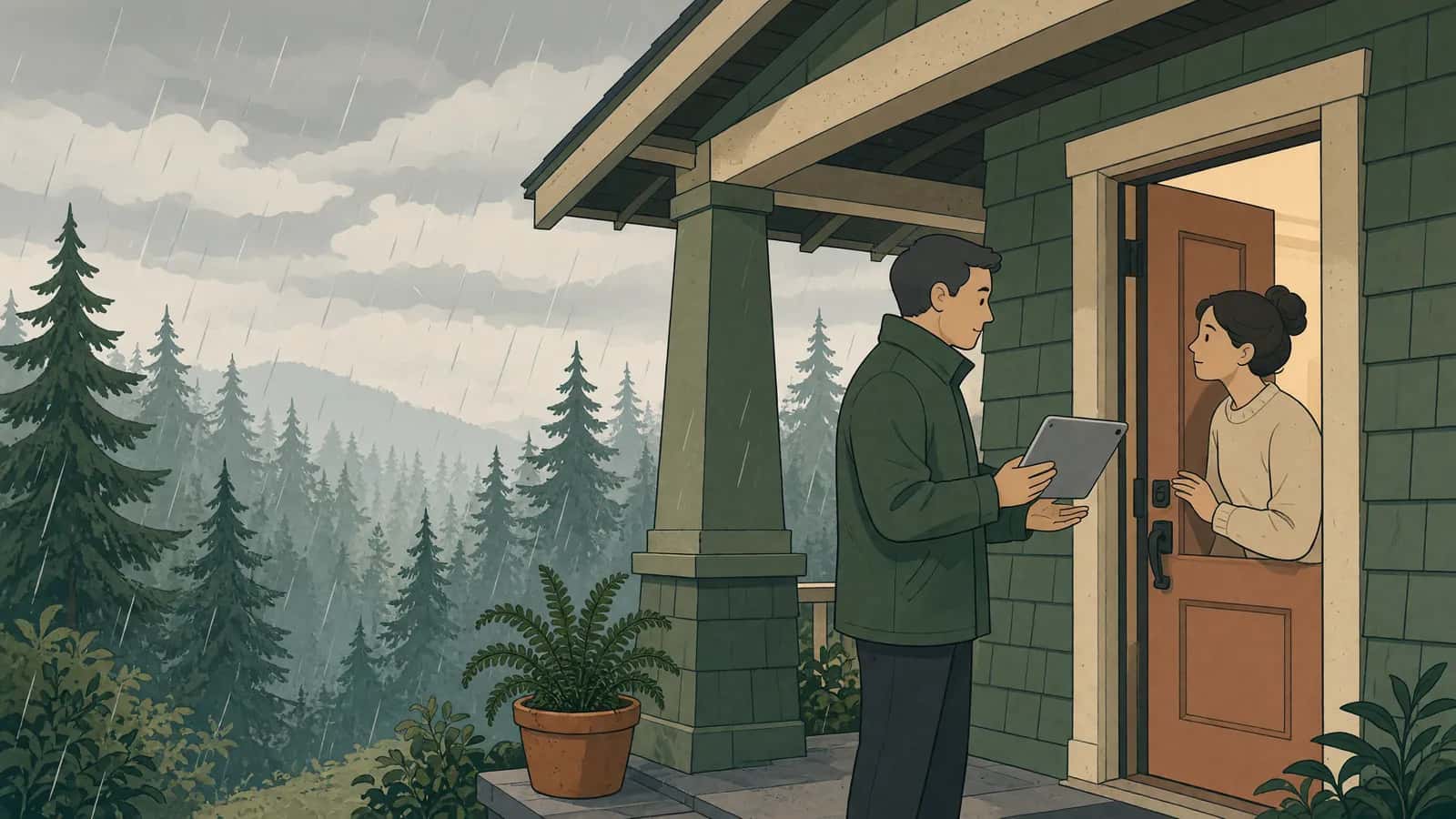 A salesperson holding a tablet talks with a homeowner at the front door of a green craftsman house on a rainy day, evergreen forest behind.