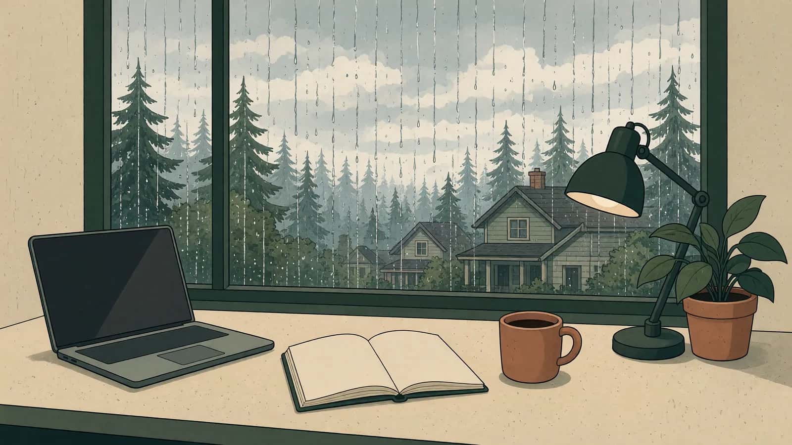 A quiet desk with a laptop, an open notebook, a coffee mug, a desk lamp and a plant, in front of a rain-streaked window.