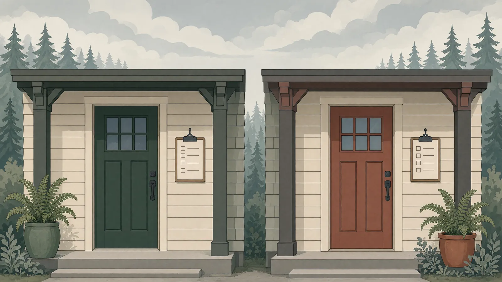 Two craftsman porches side by side, one with a green door and one with a terracotta door, each with a blank checklist on a clipboard.