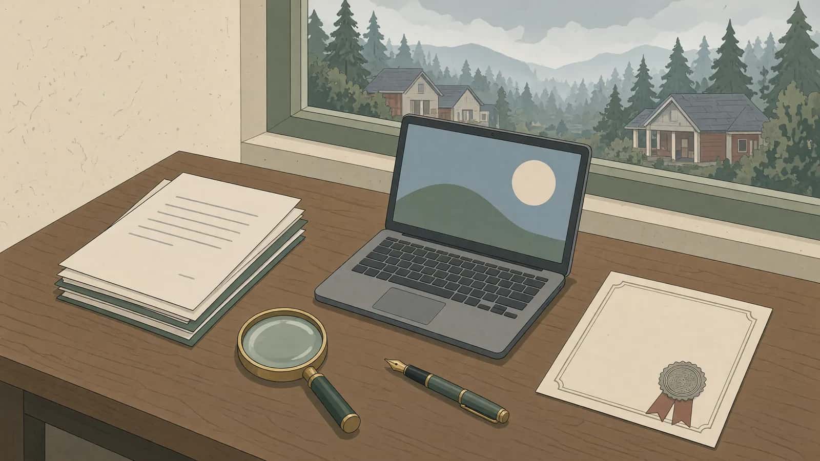 A wooden desk with a stack of documents, an open laptop, a magnifying glass, a fountain pen and a certificate with a seal and ribbon.