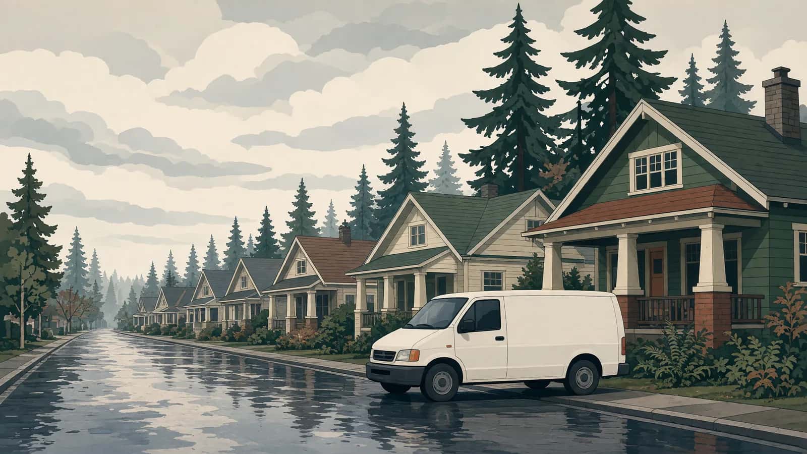 A rain-wet neighborhood street of craftsman homes under tall firs, with a plain white van parked at the curb.