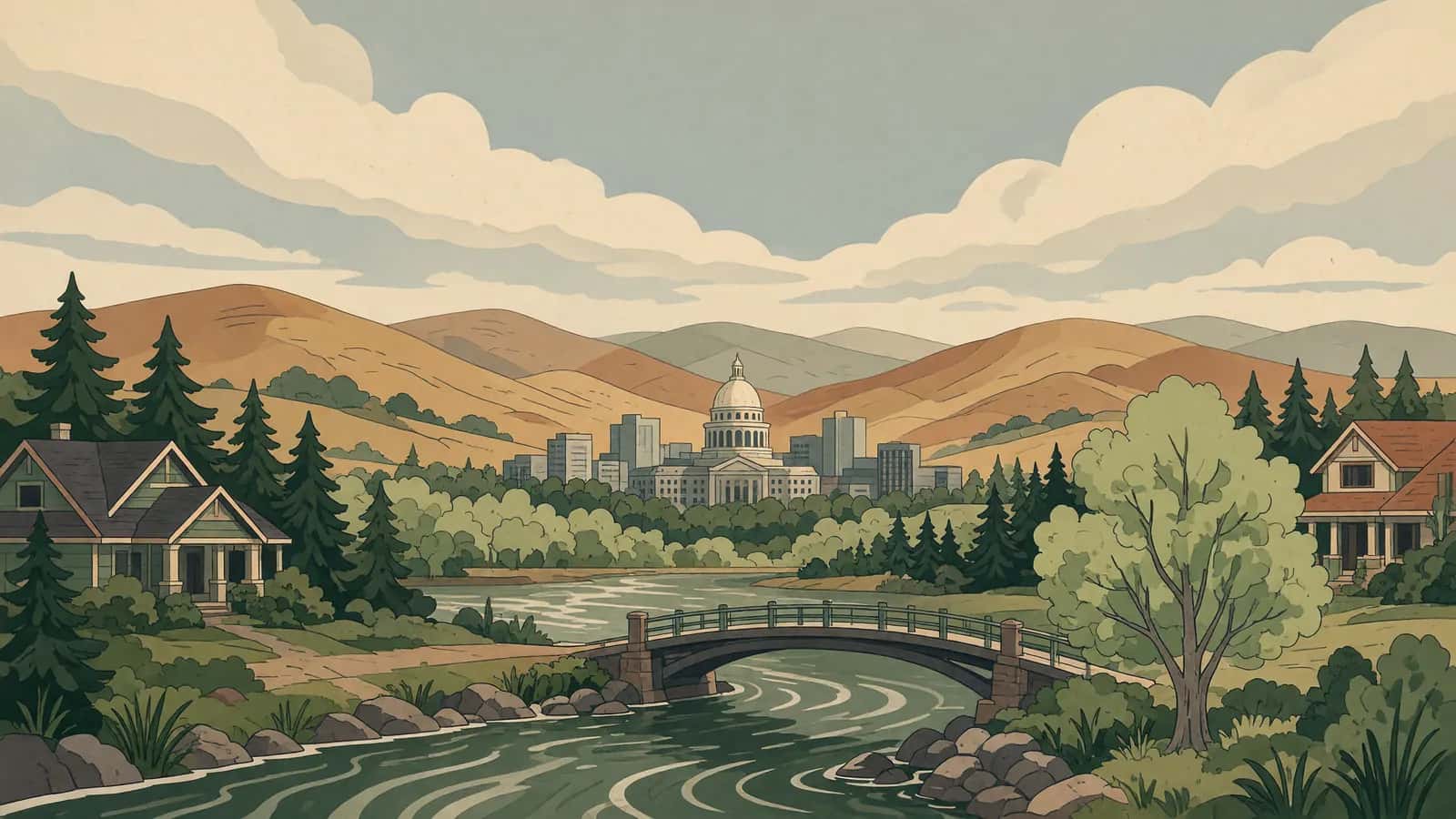 A footbridge over the Boise River, with a domed capitol and small skyline in front of golden-brown foothills.