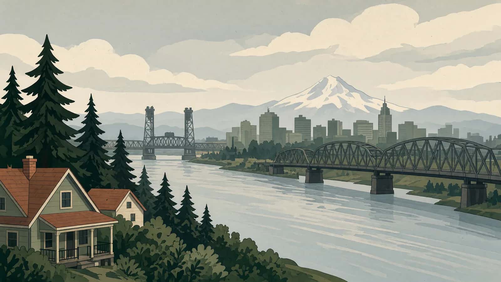 The Willamette River in Portland crossed by steel truss and lift bridges, with the downtown skyline and Mount Hood beyond.