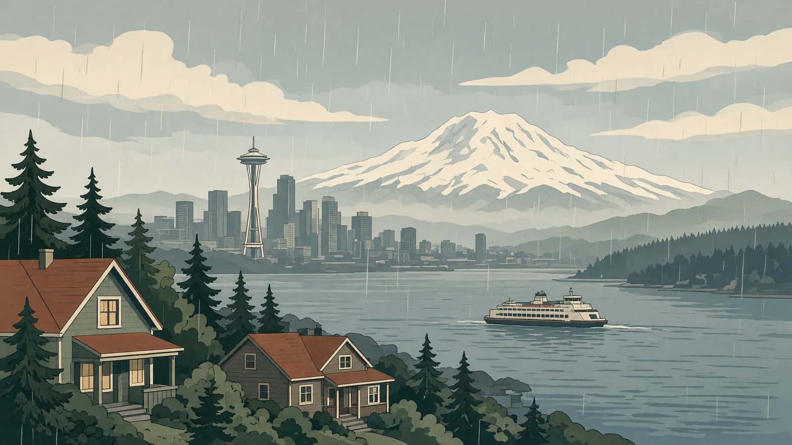 A Seattle-style skyline with a needle-shaped tower beside the bay, a ferry crossing in the rain and Mount Rainier behind.