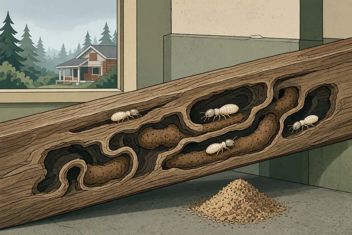 Pale termites crawling through tunnels eaten into a wooden basement beam, with a small pile of wood dust on the floor below.