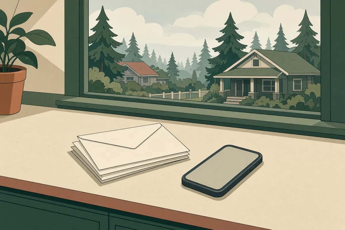 A small stack of blank envelopes and a smartphone lying on a kitchen counter by a window.