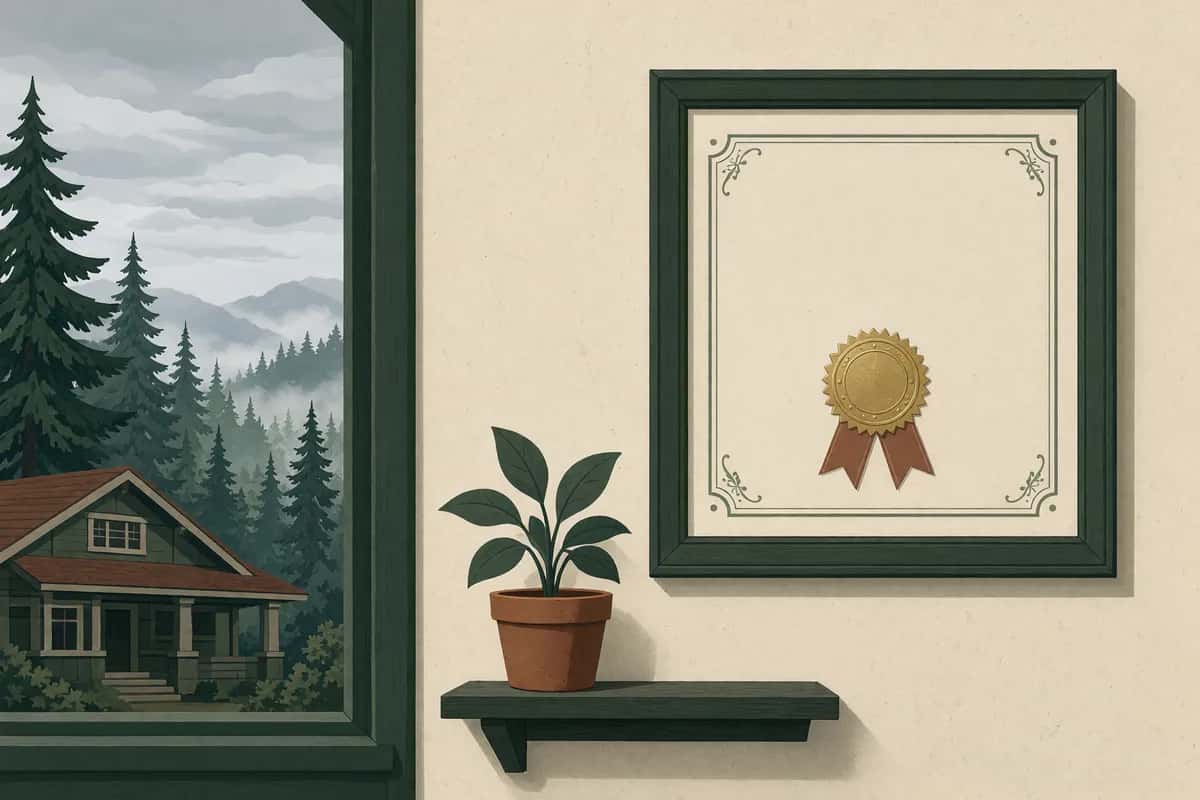A framed certificate with a gold seal and ribbon hanging on a wall above a potted plant on a shelf.